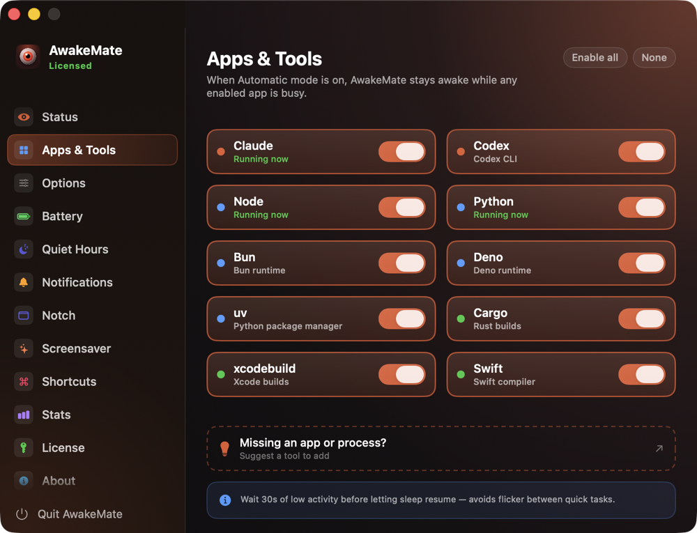 AwakeMate auto mode detecting running apps and tools
