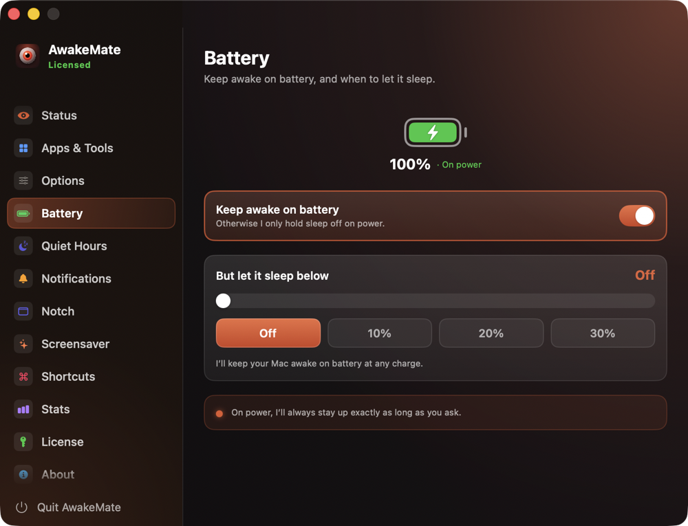 AwakeMate low-battery protection settings