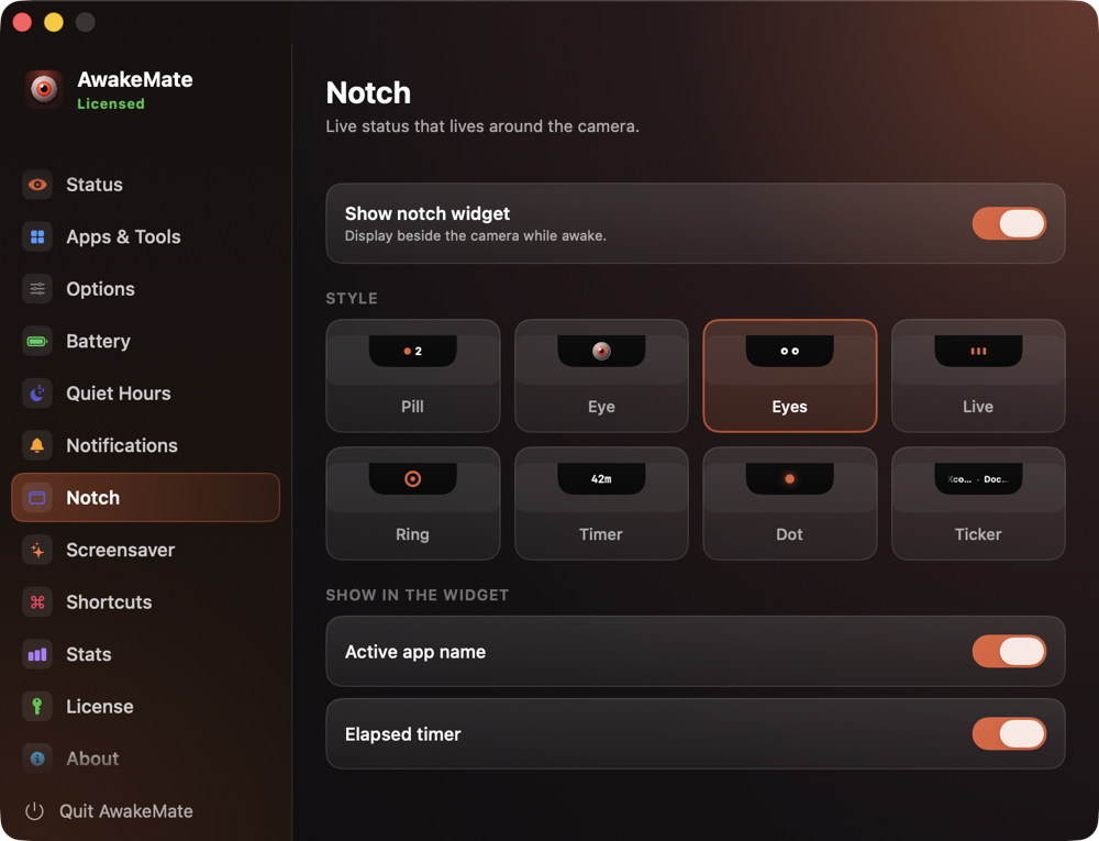 AwakeMate native notch widget with live status