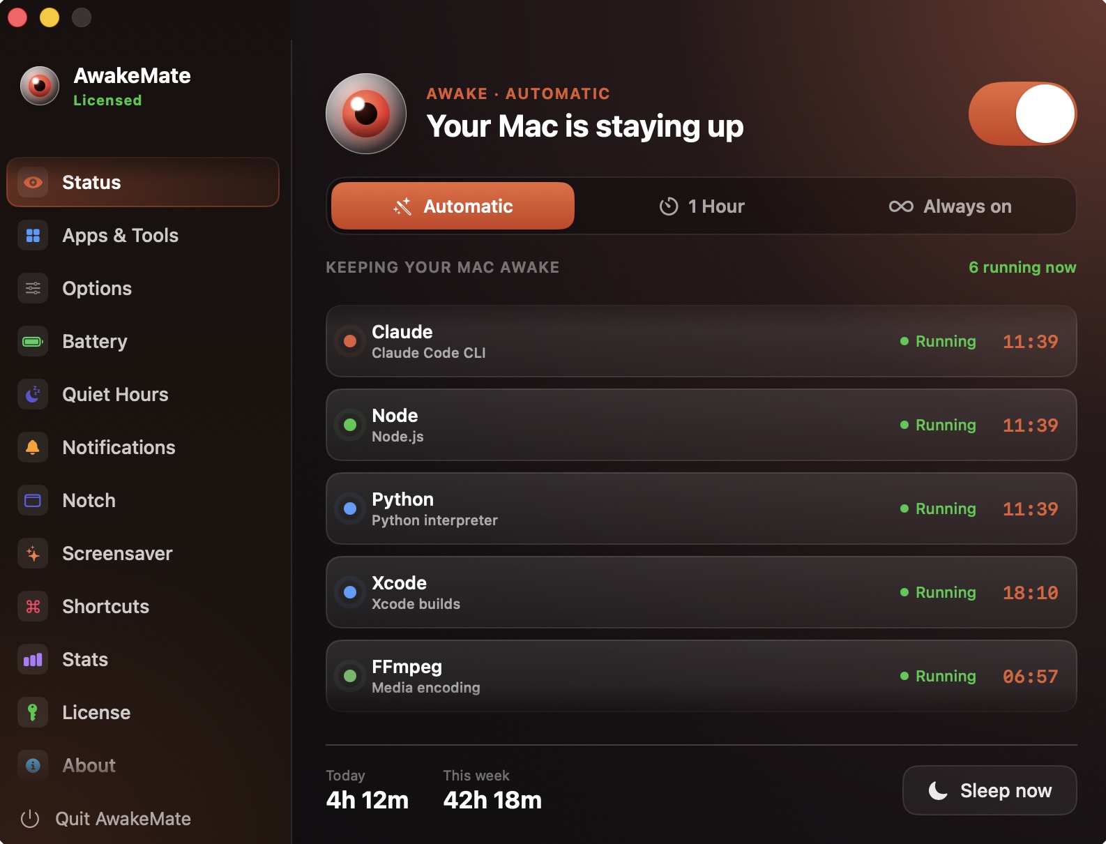 AwakeMate menu-bar dropdown with live status